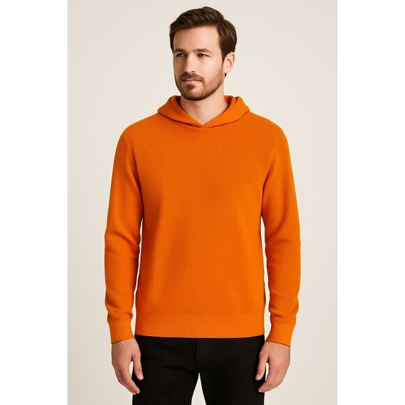 Vince Orange Waffle Knit Hoodie Sweater L Cotton - Picture 1 of 8